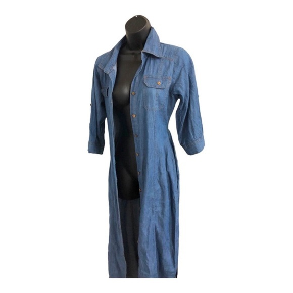 Blue denim fabric button front boho look belted dress size small brand new - Picture 6 of 16